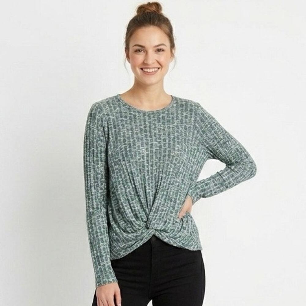 Bobeau Women's Knit Top Size XS Heathered Green Knot Front Ribbed Long Sleeve